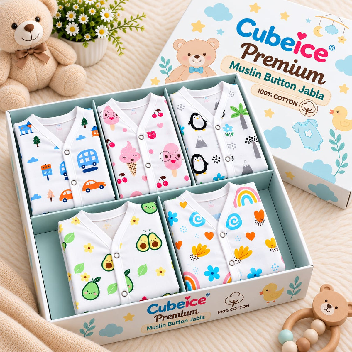 New Born Baby Muslin Button Jablas – Pack of 5